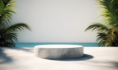 Fototapeta na wymiar selective focus. interiors of concrete podium or table top with tropical sea background. relax and vacation concepts. Generative AI