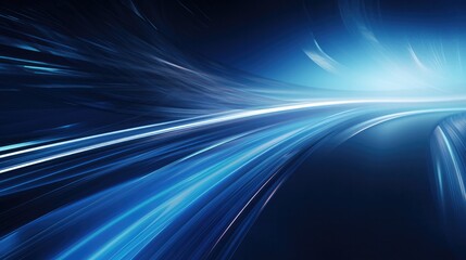 Illustration of speed motion in blue highway road tunnel, fast moving toward the light, colorful technology background.