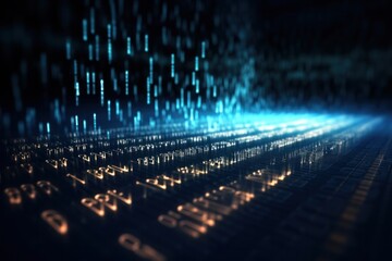 Technology of binary code data flying in a stream vortex of information, blockchains, neural network. - obrazy, fototapety, plakaty