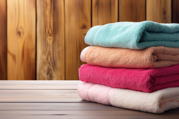 Stack of colored towels on wooden desk in a sauna