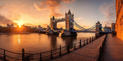 Panorama from the Tower Bridge to the Tower of London, United Kingdom, during sunset generative ai