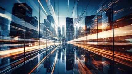 Fototapeta premium Abstract smart network and connection technology concept in city at night for business web banner, business design template, Generative AI