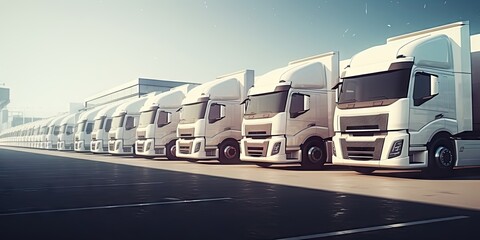 Delivering future. Logistics in motion. Cargo caravans. On road to commerce. Trade and transport. trucks on car park