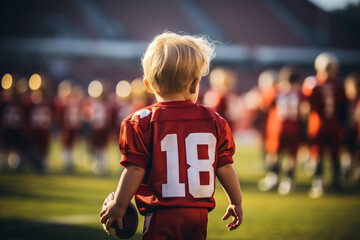 Young American Football and Rugby Players Wearing red number 18, holding the ball in the center of the field. Surrounded by team athletes inside the stadium. The future sports career of the child.