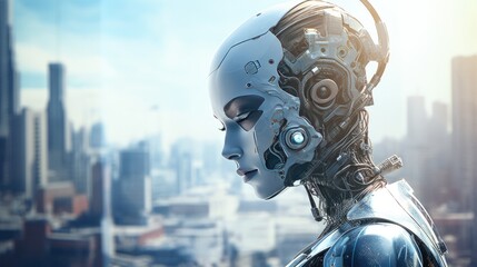 Illustration of AI robot woman or female cyborg robotic lady with Beautiful face and cybernatic Artificial intelligence AI concept