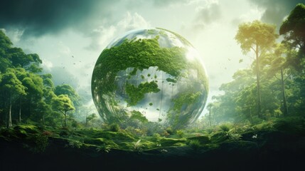 Obraz na płótnie Canvas Illustration of Green Globe In Forest With Moss And Defocused Abstract Sunlight