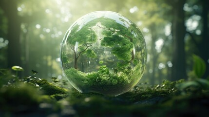 Obraz na płótnie Canvas Illustration of Green Globe In Forest With Moss And Defocused Abstract Sunlight