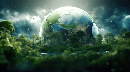 Illustration of Green Globe In Forest With Moss And Defocused Abstract Sunlight