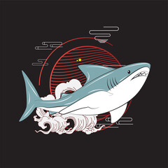 shark with japanese background, logo, icon