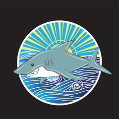 shark with japanese background, logo, icon