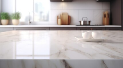 Naklejka na ściany i meble Empty white marble stone table top and blur glass window, Generative AI