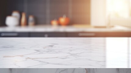 Empty white marble stone table top and blur glass window, Generative AI