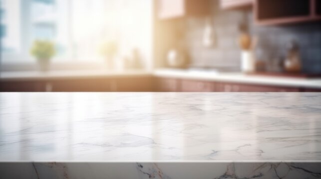 Empty white marble stone table top and blur glass window, Generative AI