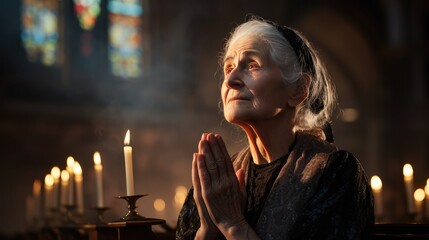 Elderly woman praying to the god, Generative AI