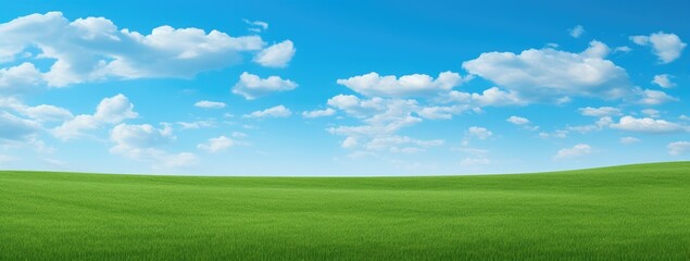 Obraz na płótnie Canvas Green grass field agains the blue cloud sky, Generative AI