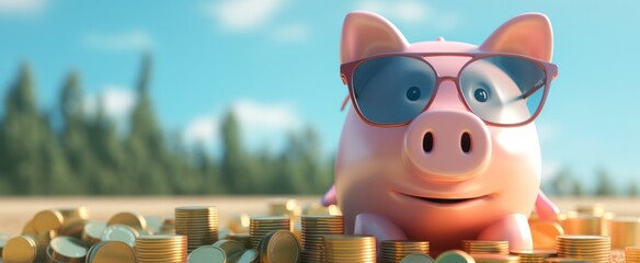 Piggy bank with glasses Saving money and Study abroad concept, Generative AI - obrazy, fototapety, plakaty