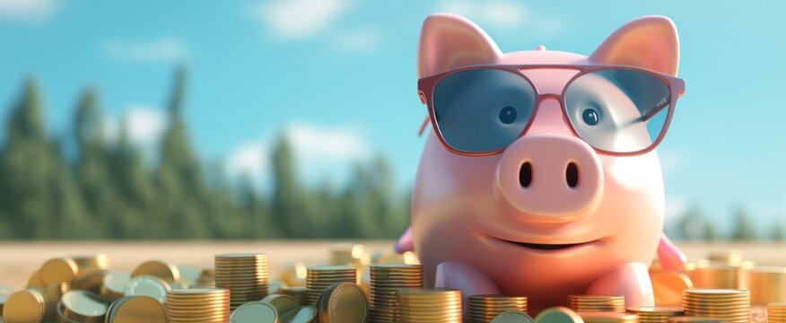 Piggy bank with glasses Saving money and Study abroad concept, Generative AI © tonstock