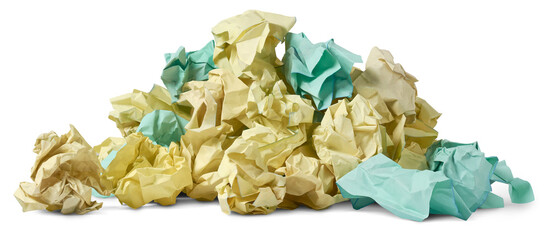 pile of crumpled waste paper isolated on white background, collected junk or discarded products in...