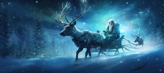 Illustration of Santa Claus get a move to ride on their reindeer sleigh flying over Christmas fairy forest. - obrazy, fototapety, plakaty