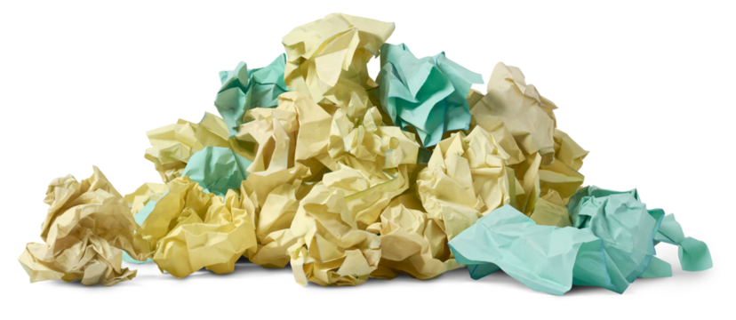 pile of crumpled waste paper isolated on white background, collected junk or discarded products in household, office or school, paper waste recycling concept save trees and reduce environmental impact
