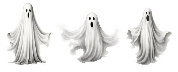set of white Halloween ghost spirits, isolated on a transparent background. generative AI.