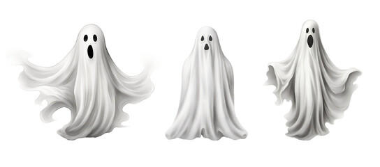 Set of white realistic ghosts, png, isolated on a transparent background generative AI.