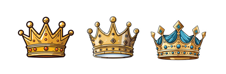 set of gold crowns. Crowning headdress for the king and queen. Royal golden noble aristocrat monarchy red jewel crowns. png isolated on transparent background generative AI.