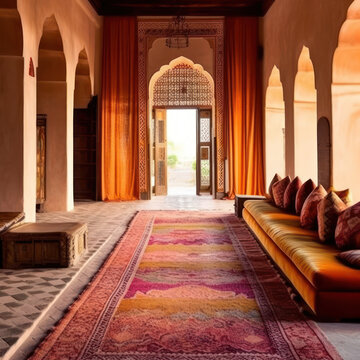  moroccan. riad. gold light. colorful rugs in the spa
