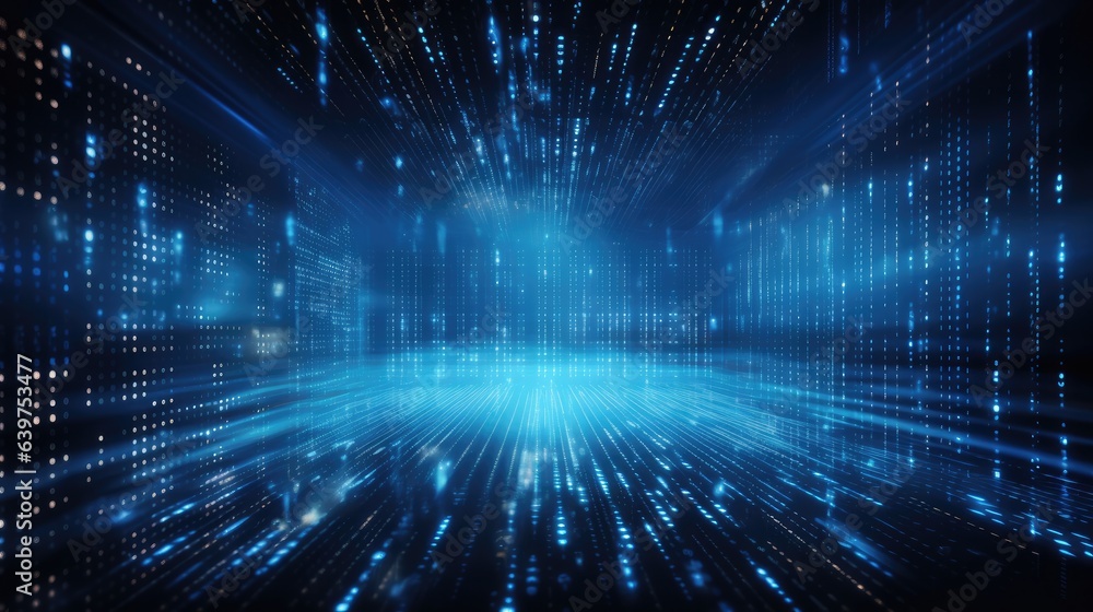 Poster illustration of technology background of binary code flying through a vortex.