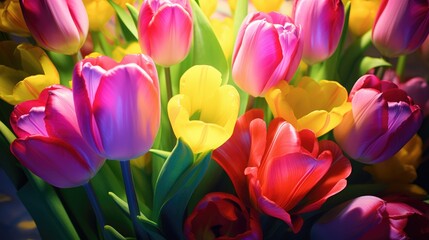 Obraz premium Illustration of tulip flowers blooming in a tulip field.
