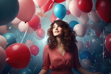 Portrait of lady surprise birthday party with many air balloons, Generative AI