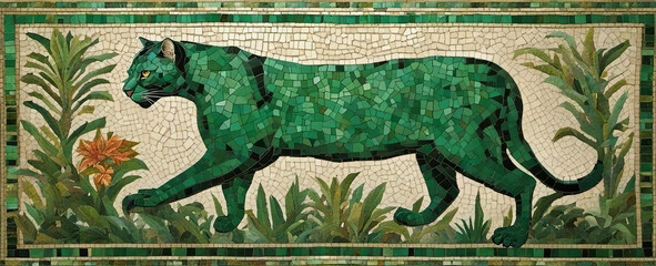 Mosaic depiction of a panther in green tones, a panel in stained glass style