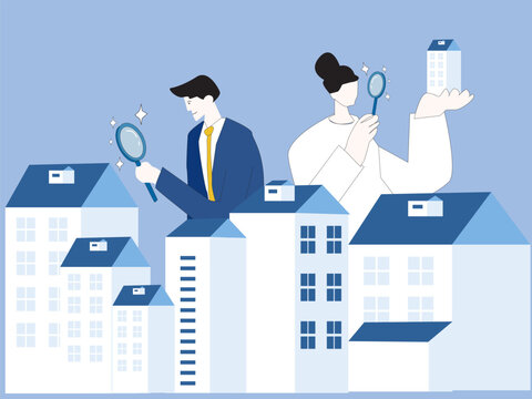 Real estate search. Buying property concept, people group looking home on market. Buy or rent house online, building project utter vector scene.