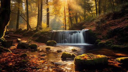 Fototapeta na wymiar photo of Waterfall in the autumn with ray light, Landscape generative ai