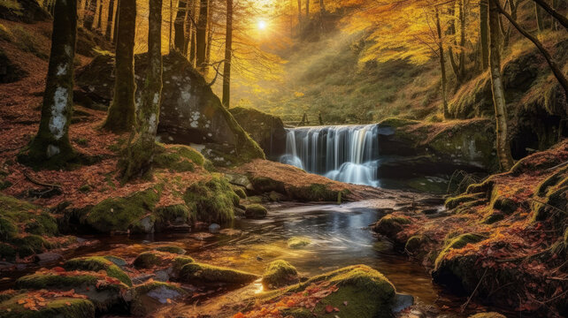 photo of Waterfall in the autumn with ray light, Landscape