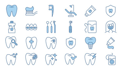 Dental related vector icons set. Included icons dental chair, tooth paste, dental tools, dental floss, caries, toothbrush, toothpaste, toothache, implant. Isolated on white background