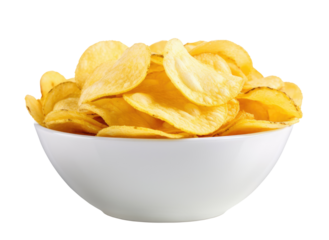 White bowl with potato chips isolated on white background