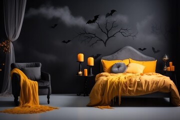 Cozy bedroom interior decorate with halloween theme. Generative AI