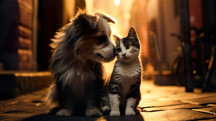 Fototapeta na wymiar 夜の路地裏で寄り添う犬と猫