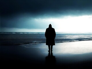 silhouette of a person walking on the beach