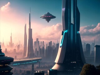 Flying Saucer over Futuristic City: A Mysterious and Intriguing Image
