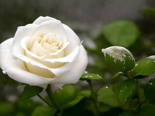 A single white rose, wilting in the rain, symbolizing the sorrow of grief and loss.
