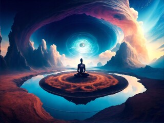 An energetic aura of light emanates from the figure, which is a vivid, abstract representation of a person's inner thoughts as they engage in neurofeedback meditation.