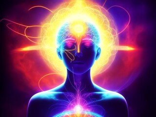 A vivid, abstract representation of a person's inner thoughts, with a glowing aura of energy radiating from the figure as they practice neurofeedback meditation.
