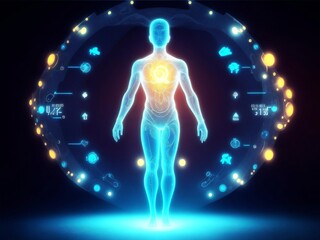 A stylized image of a person surrounded by a glowing aura of AI-driven personalized wellness plans, with a focus on the individual's journey to health and wellbeing.