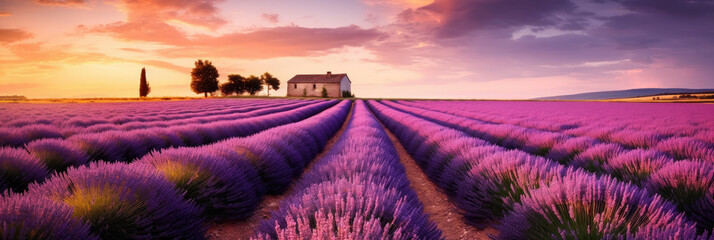 photography place with beautiful purple lavender fields at sunset.generative ai - obrazy, fototapety, plakaty