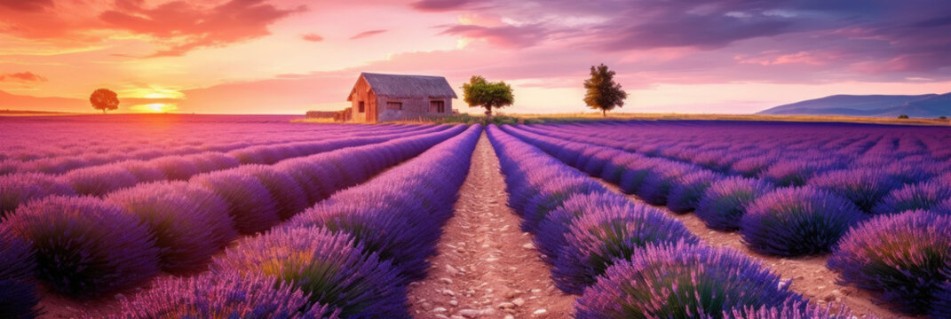 photography place with beautiful purple lavender fields at sunset.