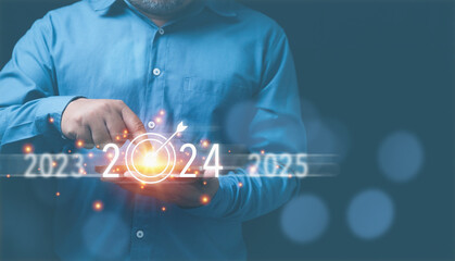 Virtual screen 2024, Set new goals, plan strategy marketing for business for next years or to the future. Businessman touching future growth year 2024. Planning, opportunity, business strategy.