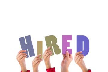 Digital png illustration of hands with hired text on transparent background