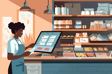 dedicated food shop employee in action. Show them behind the counter, skillfully preparing delicious dishes.Generated with AI